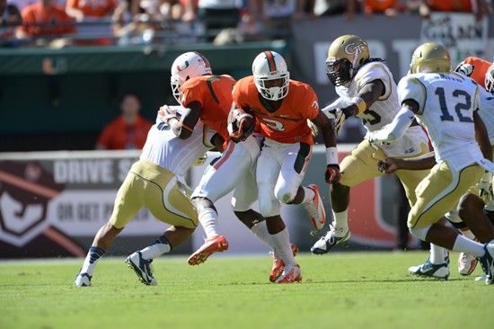 University of Miami Hurricanes wide receiver Stacy Coley #3 plays in a game against the Georgia Tech Yellow Jackets at Sun Life Stadium on October 5,...