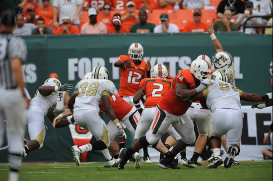 University of Miami Hurricanes quarterback Jacory Harris #12 passes in a game against the University of Central Florida Knights at Dolphin Stadium on...
