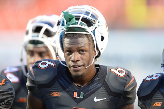 University of Miami Hurricanes wide receiver Herb Waters #6 plays in a game against the Duke Blue Devils at Sun Life Stadium on September 27, 2014. ...