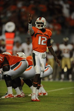 University of Miami Hurricanes quarterback Jacory Harris #12 plays in a game against the Florida State Seminoles at Sun Life Stadium on October 9,...