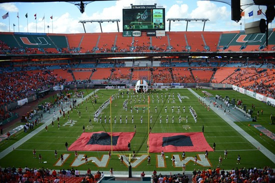 The University of Miami Band of the hour performs before a game against the University of South Florida Bulls at Sun Life Stadium on November 17,...
