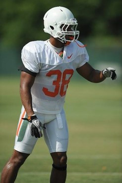 University of Miami Hurricanes defensive back Corey Nelms #38 at Greentree Practice Field on August 13 in afternoon drills to prepare for the upcoming...