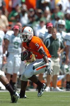 University of Miami running back Javarris James #5 rushed 14 times for 99 yards in a game against Marshall University on September 1, 2007 at the...