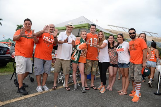 University of Miami Hurricane Fans tailgate at SunLife Stadium before a game against the Virginia Tech Hokies at Sun Life Stadium on November 9, 2013....