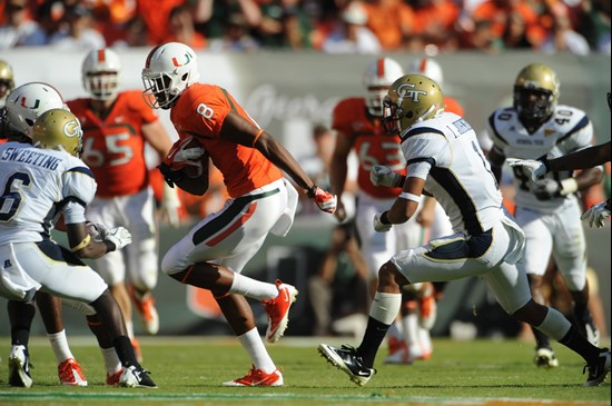 University of Miami Hurricanes wide receiver Tommy Streeter #8 plays in a game against the Georgia Tech Yellow Jackets at Sun Life Stadium on October...