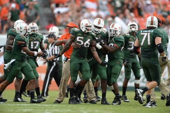 University of Miami Hurricanes linebacker Raphael Kirby #56 plays in a game against the Arkansas State Red Wolves at Sun Life Stadium on September13,...