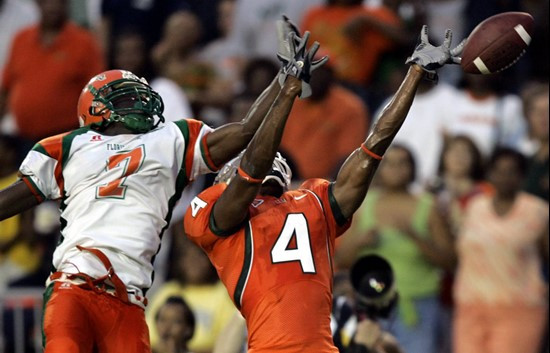 Miami cornerback Glenn Sharpe (4) breaks up a pass intended for Florida A&M wide receiver Roosevelt Kiser (7) during the first quarter Saturday, Sept....