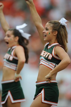 University of Miami Hurricane cheerleaders lead the fans to cheer for the Canes in a game against the University of Central Florida Knights at Dolphin...