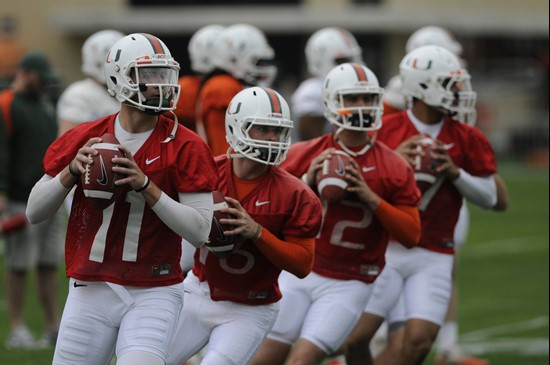 Miami quarterbacks during spring drills