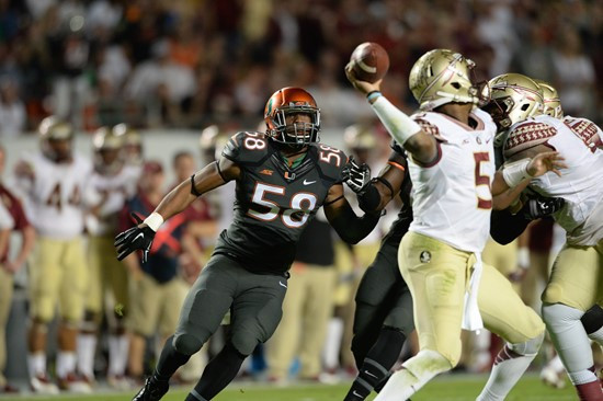 University of Miami Hurricanes linebacker Damion Owens #58 plays in a game against the Florida State Seminoles at Sun Life Stadium on November 15,...