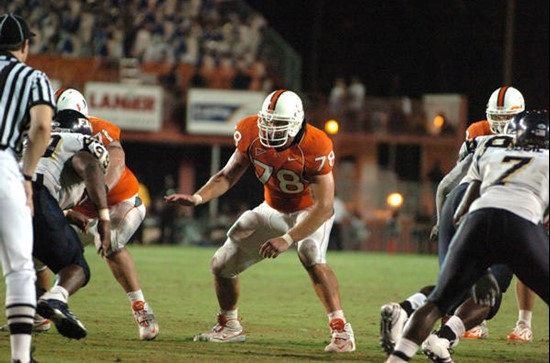 University of Miami Hurricanes center Anthony Wollschlager #78 blocks against the Florida International University Golden Panthers at the Orange Bowl...