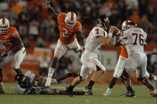 University of Miami linebakcer Jon Beason #2 lead his team with 5 solo tackles and 2 assists against the Virginia Tech Hokies at the Orange Bowl on...