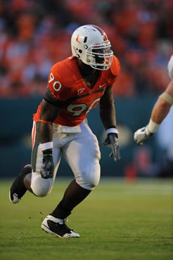 University of Miami Hurricanes defensive lineman Steven Wesley #90 rushes in a game against the University of Central Florida Knights at Dolphin...