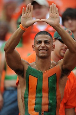 University of Miami Hurricane fans show their team spirit in a game against the Deamon Deacons of Wake Forest at Dolphin Stadium on October 25, 2008. ...