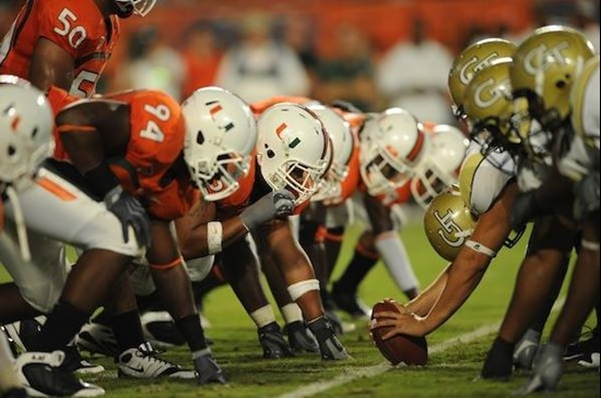 The University of Miami defense lines up against the Georgia Tech Yellow Jackets at Land Shark Stadium on September 17, 2009.  Photo by Steven Murphy,...