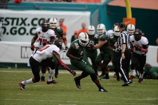 University of Miami Hurricanes linebacker Raphael Kirby #56 plays in a game against the Arkansas State Red Wolves at Sun Life Stadium on September13,...