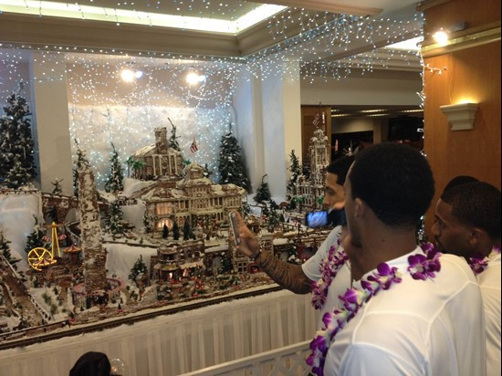 The team checks out a gingerbread town