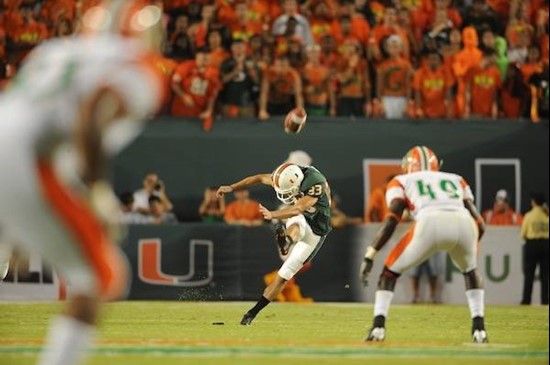 University of Miami Hurricanes kicker Alex Uribe #33 kicks off  in a game against the Florida A&M Rattlers at Land Shark Stadium on October 10, 2009. ...