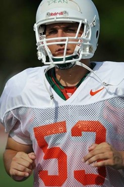 University of Miami Hurricanes Paalua Levi #53 at Greentree practice fields training for the upcoming 2010 season. The practice was open for Season...