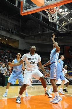 University of Miami Hurricanes center, Reggie Johnson #42 and the Canes play host to the North Carolina Tar Heels at the BankUnited Center on January...