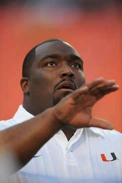 University of Miami Hurricanes defensive line coach Clint Hurtt before a game against the Georgia Tech Yellow Jackets at Land Shark Stadium on...