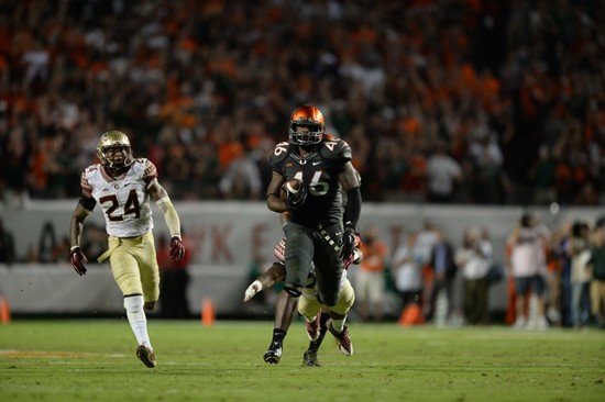 University of Miami Hurricanes tight end Clive Walford #46 plays in a game against the Florida State Seminoles at Sun Life Stadium on November 15,...
