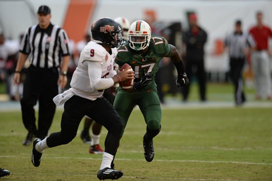 University of Miami Hurricanes linebacker Tyriq McCord #17 plays in a game against the Arkansas State Red Wolves at Sun Life Stadium on September13,...