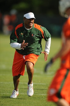 University of Miami Defensive Backs Coach, Paul Williams, instructs his team on how he wants them to execute his game plan during a spring practice at...