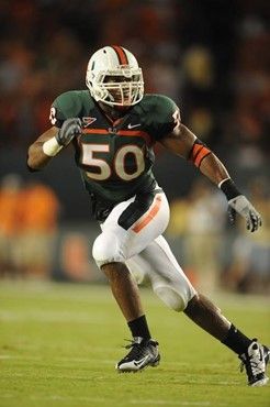 University of Miami Hurricanes linebacker Darryl Sharpton #50 plays in a game against the Florida A&M Rattlers at Land Shark Stadium on October 10,...