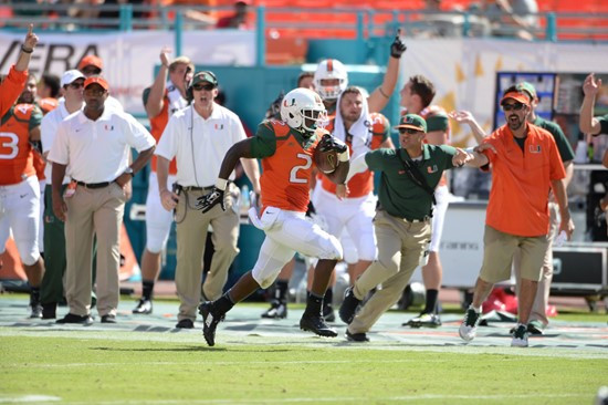 University of Miami Hurricanes running back Joseph Yearby #2 plays in a game against the Cincinnati Bearcats at Sun Life Stadium on October 11, 2014....