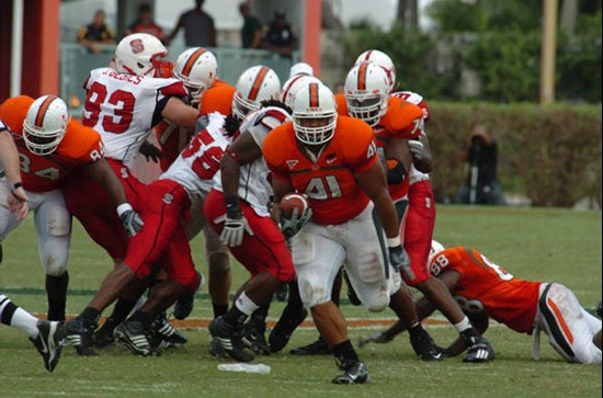 University of Miami fullback Jerrell Mabry #41 rushes in a game against the North Carolina State Wolfpack at the Orange Bowl on November 3, 2007.   ...