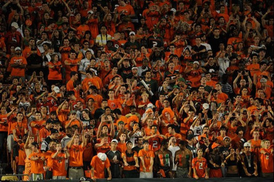 University of Miami Hurricane fans show their team spirit in a game against the Virginia Tech Hokies at Dolphin Stadium on November 13, 2008.  Photo...