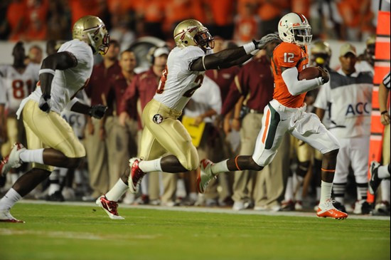 University of Miami Hurricanes quarterback Jacory Harris #12 plays in a game against the Florida State Seminoles at Sun Life Stadium on October 9,...