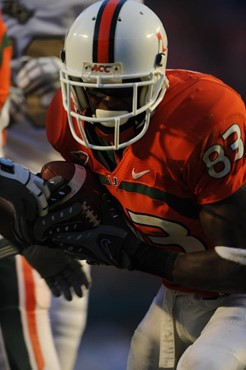 University of Miami Hurricanes wide receiver Sam Shields #83 recovered a fumbled punt late in the fourth quarter at the 5 yard line to set up running...