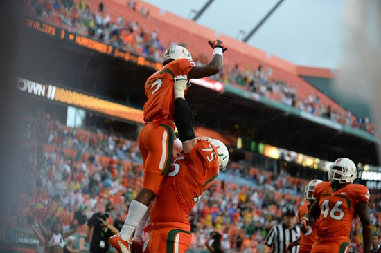 University of Miami Hurricanes wide receiver Stacy Coley #3 plays in a game against the Virginia Cavaliers at Sun Life Stadium on November 23, 2013. ...