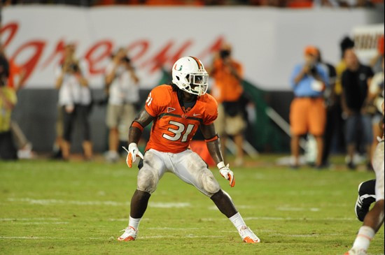University of Miami Hurricanes linebacker Sean Spence #31 plays in a game against the Ohio State Buckeyes at Sun Life Stadium on September 17, 2011. ...