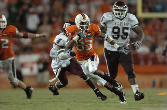 University of Miami wide receiver Sam Shields #83 catches a pass in a game against the Texas A&M Aggies at the Orange Bowl on September 20, 2007. The...