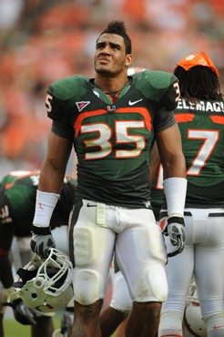 University of Miami Hurricanes defensive lineman Olivier Vemon #35 plays in a game against the University of South Florida Bulls at Sun Life Stadium...