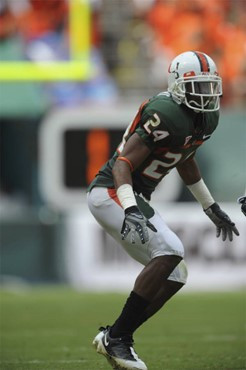 University of Miami Hurricanes defensive back Chavez Grant #24 had 3 solo tackles against the Deamon Deacons of Wake Forest at Dolphin Stadium on...