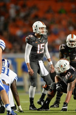 University of Miami Hurricanes quarterback Brad Kaaya #15 plays in a game against the Duke Blue Devils at Sun Life Stadium on September 27, 2014. ...
