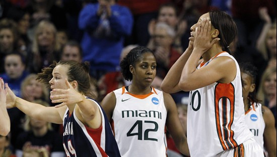 Miami's Shawnice Wilson, right, and Shenise Johnson (42) and Gonzaga's Kelly Bowen react to a call in Gonzaga's favor late in the second half of an...
