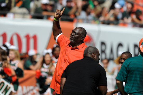 The University of Miami Hurricane employees and fans show their support for the Canes and honor legendary Russell Maryland during a game against the...