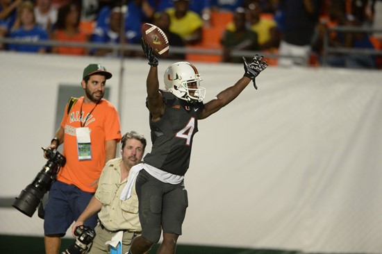 University of Miami Hurricanes wide receiver Phillip Dorsett #4 plays in a game against the Duke Blue Devils at Sun Life Stadium on September 27,...
