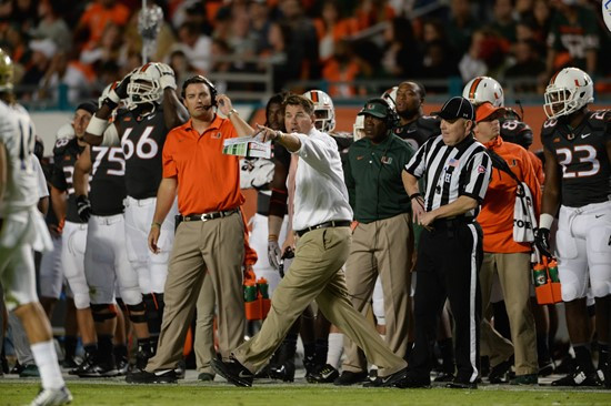University of Miami Hurricanes head coach Al Golden on the sidelines in a game against The Pittsburgh Panthers at Sun Life Stadium on November 29,...