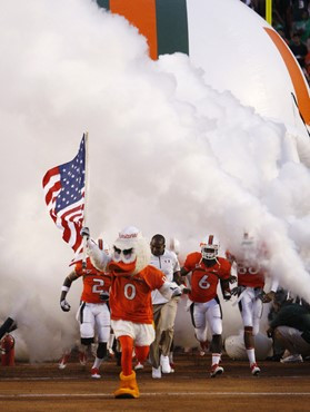 Miami mascot Sebastian the Ibis leads the team onto the field during introductions before an NCAA college football game against Florida A&M,...