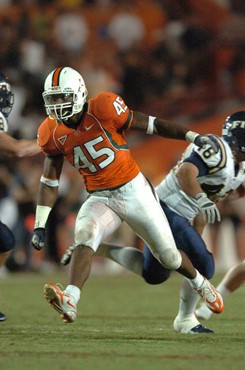 University of Miami Hurricanes linebacker James Bryant #45 caught 2 passes for 24 yards against the Florida International University Golden Panthers...