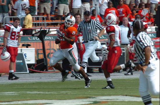 University of Miami running back Derron Thomas #21 rushes in a game against the North Carolina State Wolfpack at the Orange Bowl on November 3, 2007. ...