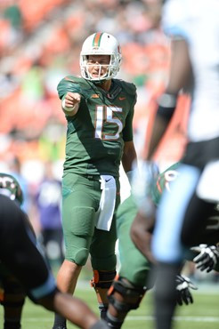 University of Miami Hurricanes quarterback Brad Kaaya #15 plays in a game against the North Carolina Tar Heels at Sun Life Stadium on November 1,...