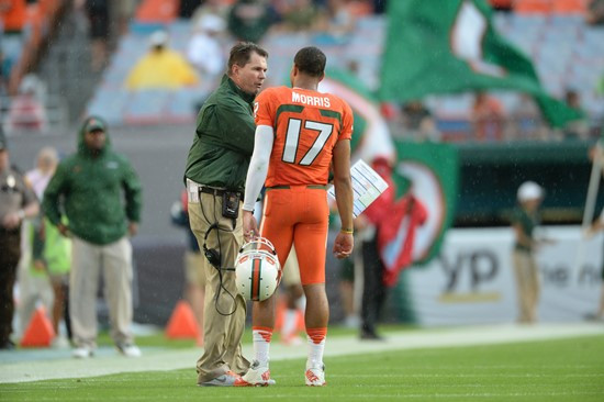 University of Miami Hurricanes quarterback Stephen Morris #17 plays in a game against the Virginia Cavaliers at Sun Life Stadium on November 23, 2013....
