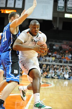 University of Miami Hurricanes center, Reggie Johnson #42 and the Canes play host to the Duke Blue Devils at the BankUnited Center on February 13,...